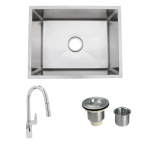 Urban Place Radial 24 X 19 Stainless Steel Outdoor Sink with Huntington Brass Dual Spray 15.75 Inch High Pull Down Faucet, Grid and Strainer Basket