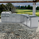 Sunstone Grills Savanna 16 Ft Outdoor Kitchen Island w/ Propane Grill & Side Burner, Sink, Refrigerator, Trash Bin, Door & Drawer - Image 3