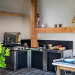 ENO 3 Burner Propane Plancha L Shaped Outdoor Kitchen Island with Sink, Storage Shelves, Drawer, and Cleaning Kit