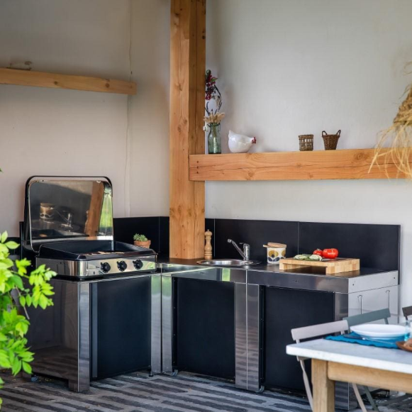 duttpack-42998 ENO 3 Burner Propane Plancha L Shaped Outdoor Kitchen Island with Sink, Storage Shelves, Drawer, and Cleaning Kit - Image 1