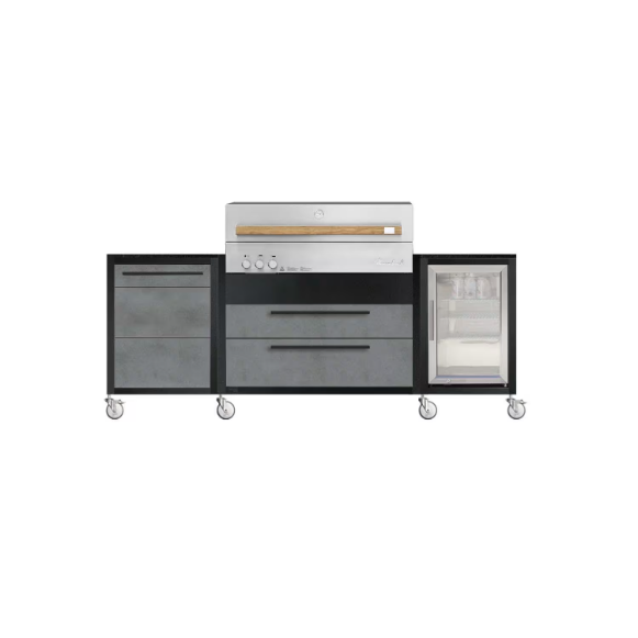 duttpack-43020 Burnout BBQ Modular Outdoor Kitchen Island on Casters w/ Flammkraft Model D Built-In Grill, Caso 2.2 Cu Ft Refrigerator, and Propane Pullout - Smoke - Image 1