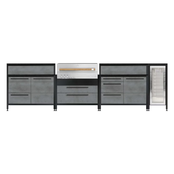 duttpack-43025 Burnout BBQ Modular Outdoor Kitchen Island w/ Flammkraft Model D Built-In Grill, Caso 4.4 Cu Ft. Refrigreator, Double Drawers, Propane Pullout, and Pullout Waste Bins - Smoke - Image 1