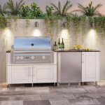 WeatherStrong Bimini 7 1/2 Ft Outdoor Kitchen Island w/ DCS Natural Gas Grill & Refrigerator in Shell White/Midnight Ice - Image 2